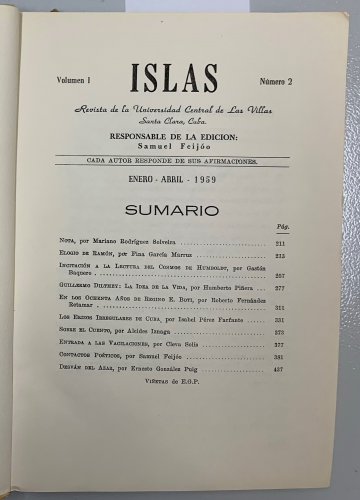 Samuel Feijoo. Islas. Numero 2, Volumen 1, Havana, 1959. ZLO000354