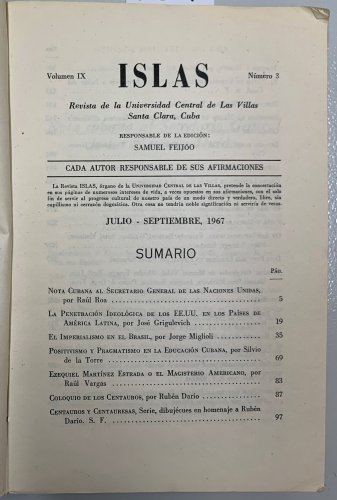 Samuel Feijoo. Islas. Numero 3, Volumen 9, Santa Clara, 1967. ZLO000367