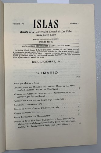 Samuel Feijoo. Islas. Numero 1, Volumen 6, Havana, 1963. ZLO000362