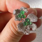 925 Sliver Type A Icy Green Jadeite Jade Cabochon Ring Certified Flower Ring
