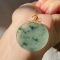 Type A Icy Greenish Jadeite Jade Pendant 18K Solid Yellow Gold Grade A Green Jade Round Pendant