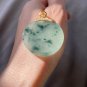 Type A Icy Greenish Jadeite Jade Pendant 18K Solid Yellow Gold Grade A Green Jade Round Pendant
