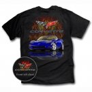 C6 Blue Corvette with Flames on a Black T-Shirt - L