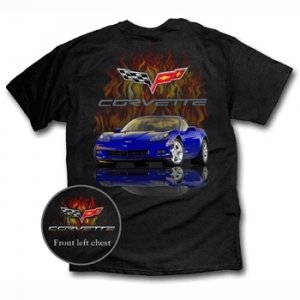 C6 Blue Corvette with Flames on a Black T-Shirt - L