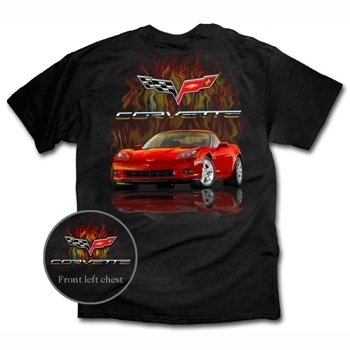 C6 Red Corvette with Flames on a Black T-Shirt - 2XL