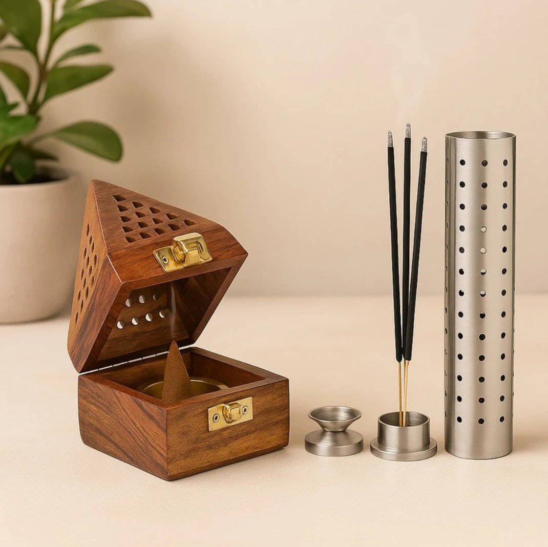 Dhoop Stand + Agarbatti Stand (Wooden, Stainless Steel) Incense Holder Set (Brown, Steel)