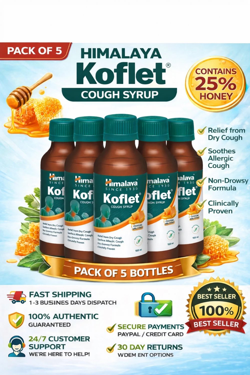 Himalaya Koflet Syrup 100ml x5 Herbal Throat Wellness Support free shipping