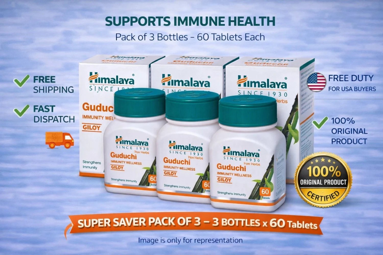 Guduchi Tablets Natural Immunity Wellness Support 180 Tablets Pack of 3