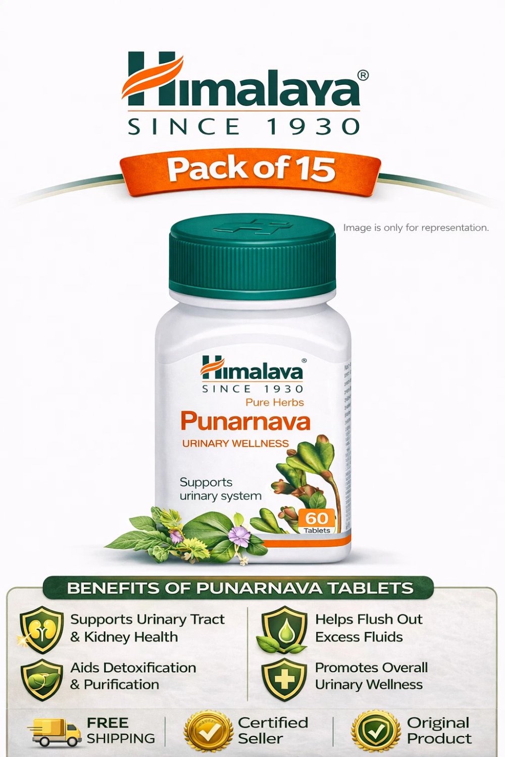 Himalaya Punarnava Tablets 60s x15 | Herbal Urinary Support free shipping
