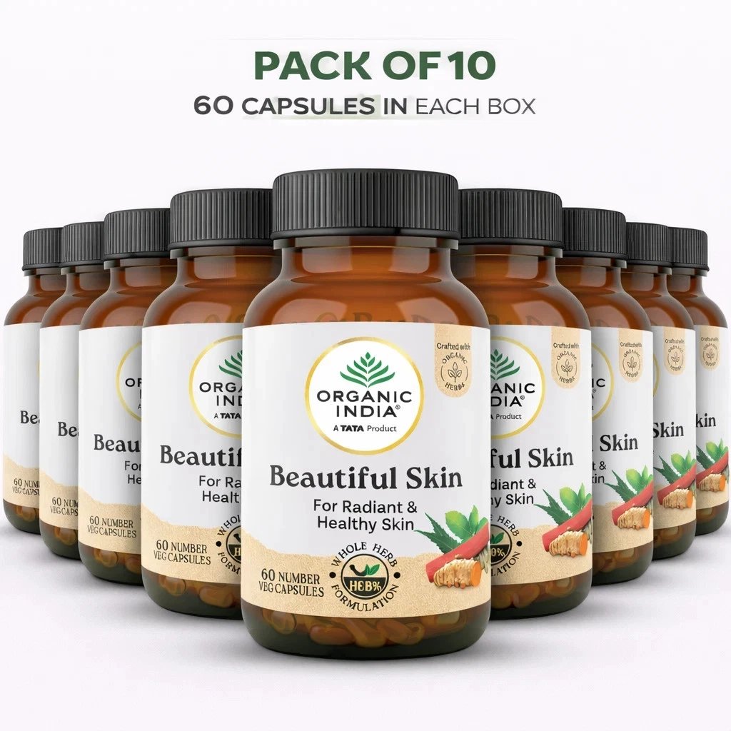 Organic India Beautiful Skin 60 Veg Capsules Ayurvedic Herbal Skin Care 10 Pack