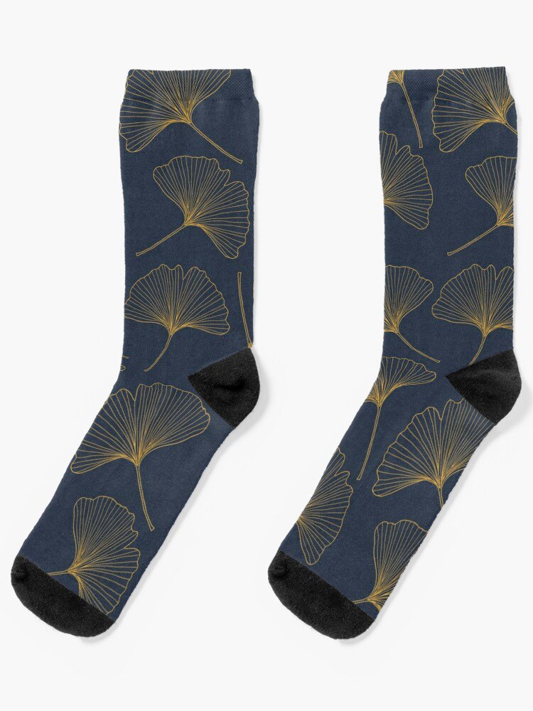 Navy Blue And Gold Ginkgo Leaves Art Deco Pattern Socks