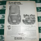 black and white vintage advertisement for Holley carburetors and Edelbrock manifolds