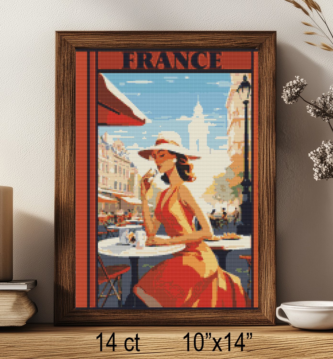 France Travel Scene Woman at Caf&Atilde;&copy; Cross Stitch Pattern Vintage European Art (25-94)