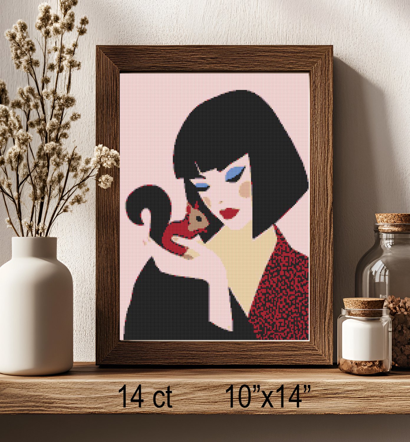 Girl and Squirrel One Cross Stitch Pattern Stylized Art Portrait (25-82)