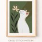 White Cat and Flower Cross Stitch Pattern (26-02)