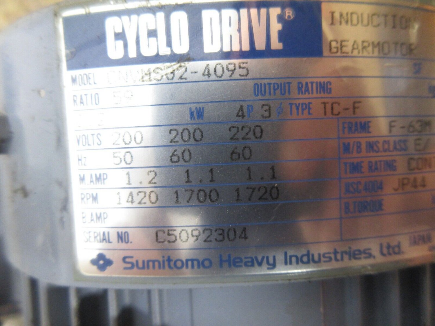 SUMITOMO CYCLO DRIVE INDUCTION MOTOR CNVMS024095 RATIO 59 TYPE TCF