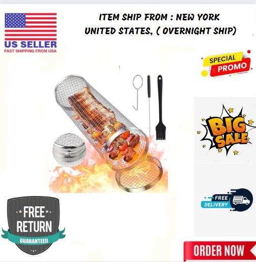 Rolling Grilling Basket,Leak proof Round Stainless Steel BBQ Grill Mesh,Grill