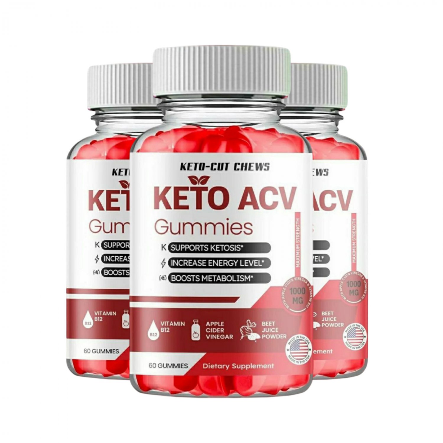 3 Pack Keto Cut Chews 1000mg ACV Gummies - 180 Gummies