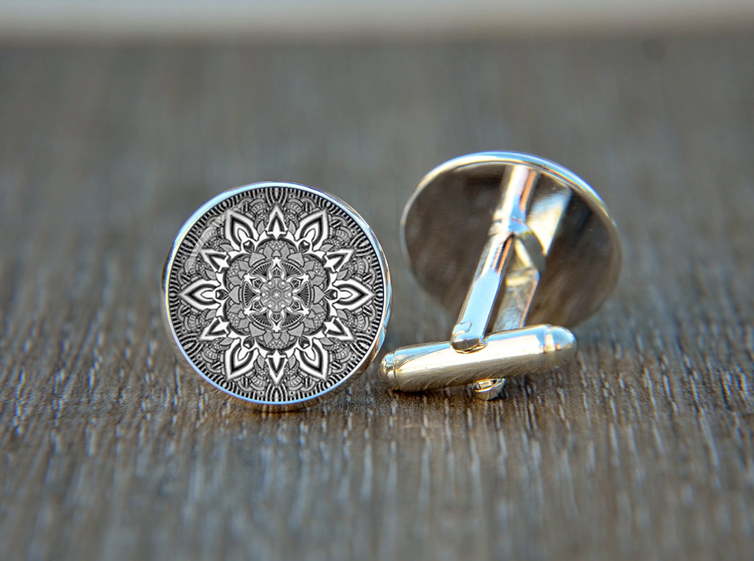 Mandala Grey Cufflinks, Elegant Wedding Gift, Spiritual Jewelry Unique Groomsmen