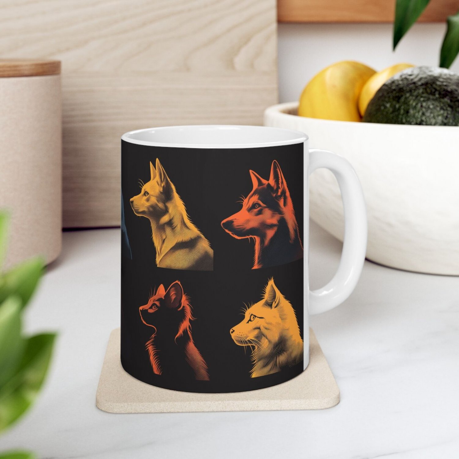 Vector Art Dog & Cat Faces Mug Black Ceramic Coffee Cup Ceramic Cup Gift