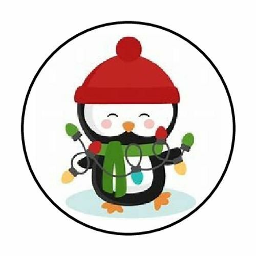 Christmas Penguin Lights Envelope Seals Labels 48 Stickers 1.2" Round