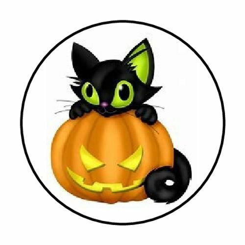 Halloween Cat Pumpkin Envelope Seals Labels 48 Stickers 1.2" Round