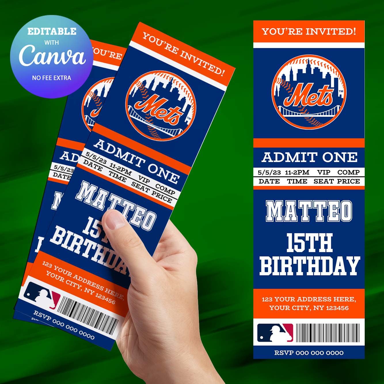 New York Mets Birthday Ticket Invitation Canva Editable and Printable