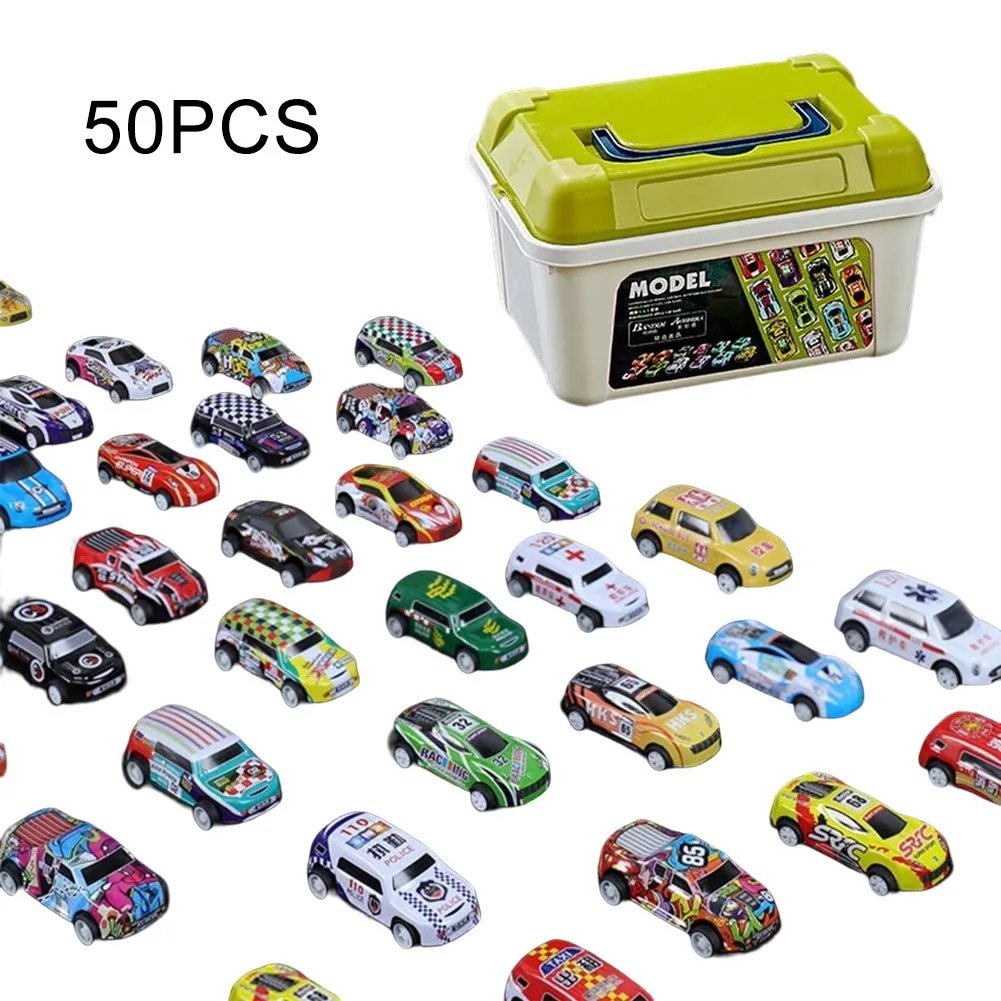 Mini Alloy Car Model Set with Storage Box Diecast Cars Toys for Boys Sliding Inertia Vehicle -50pcs
