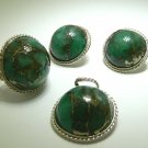 POLISHED COLOMBIAN EMERALD RING, EARRING, NECKLACE SET