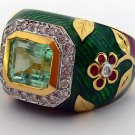 Custom! Emerald Diamond & Enamel Ring 3.0cts