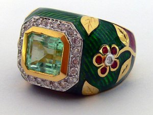 Custom! Emerald Diamond & Enamel Ring 3.0cts