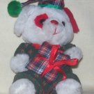 **Stuffed, Plush christmas bear holding a checkered pillow, matching hat by Cloud 9