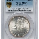 1911-S Peso Philippines Peso, KM-172, Allen 17.06, MS67 PCGS