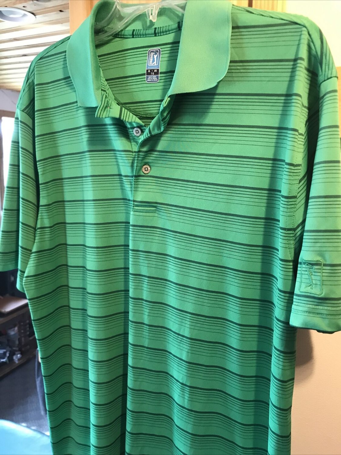 PGA Tour Mens XL Green Striped Short Sleeve 1/4 Button Polyester Golf ...