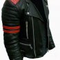 Leather Jacket Men's Red Stripes Quilted Cafe Racer Motorcycle Jacket