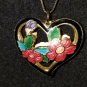 Cloisonne Floral Design Puff Heart Pendant Necklace, 14kgf