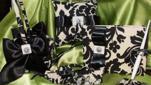 WEDDING SET- Damask Black  Ivory Pillow, Garter Set, Basket, Guest book set ,Waverly Onyx