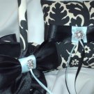 DAMASK PILLOW and Basket Black Ivory Cream Waverly Essence onyx WITH Your choice of ribbon color DAMASK PILLOW and Basket Black Ivory Cream Waverly Essence onyx WITH Your choice of ribbon color