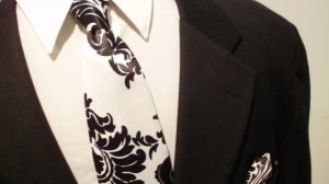 Damask Necktie Set Men Satin Black and  White Wedding Tie and Pocket Square
