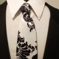 Damask Necktie Set Men Satin Black and  White Wedding Tie and Pocket Square