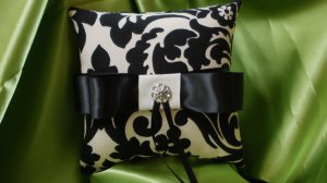 DAMASK RINGBEARER PILLOW Ring Pillow Black Ivory Waverly Onyx with Rhinestone Accent