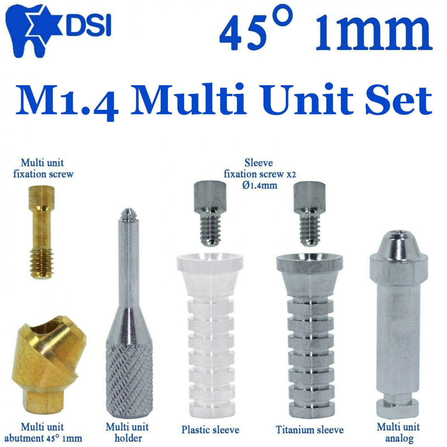DSI Dental Implant Angulated Abutment M1.4 Multi Unit Full Set 8Pcs 45Â° 1mm