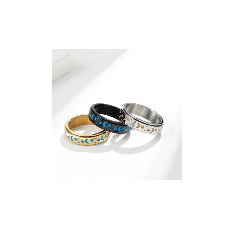 Luminous Rings Moon Star Couple Rotatable Decompression Sterling Silver Ring