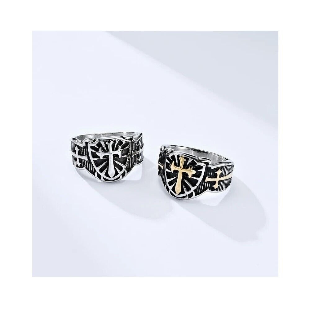 Retro Crusader Shield Crossring Matching Sterling Silver Promise Ring Trendy