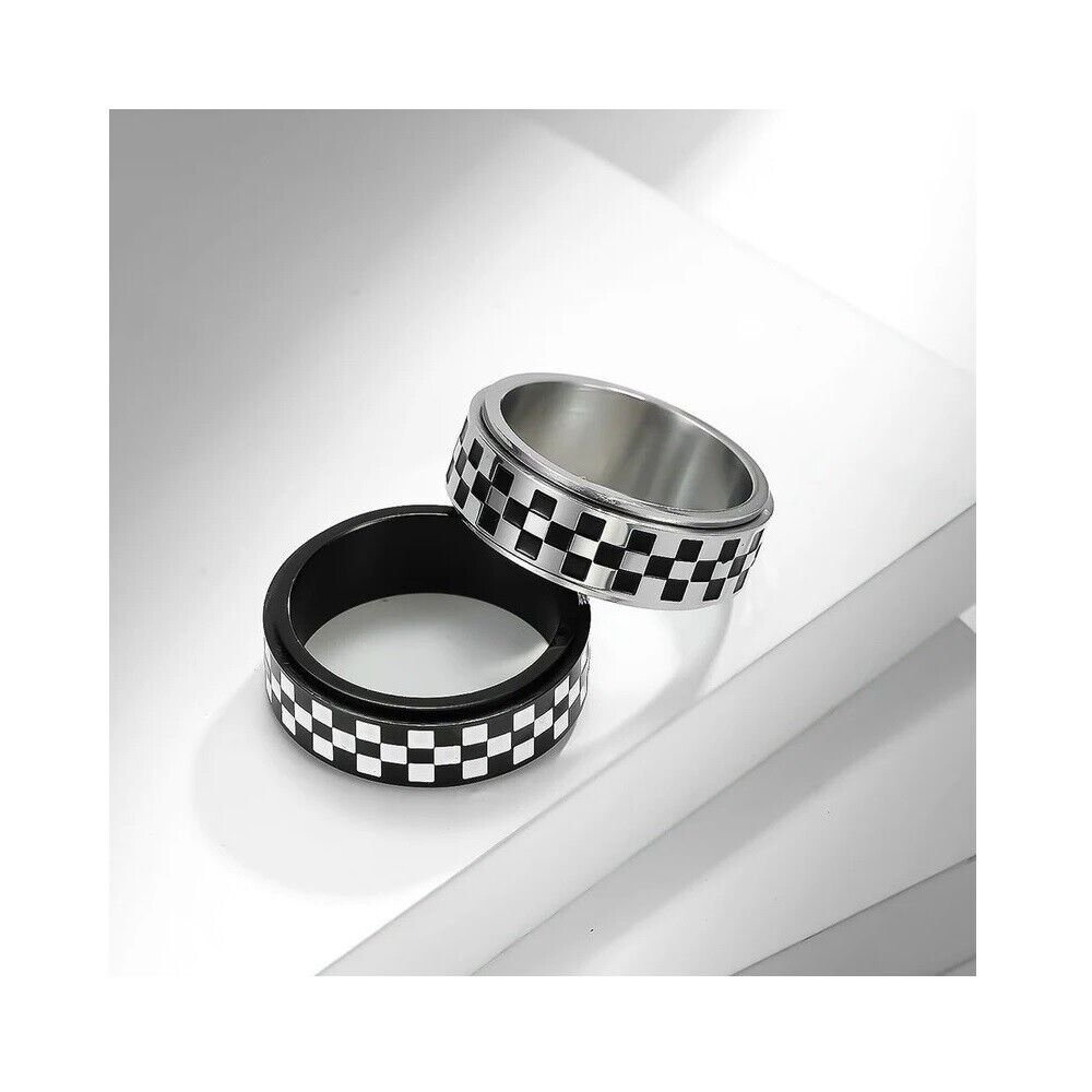 Black and White Gridring Rotatable Decompression Matching Sterling Silver Ring