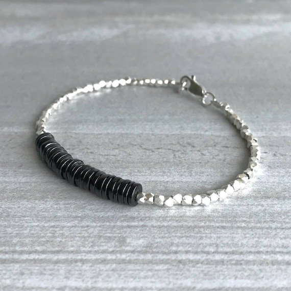 Black Spinel Disk 6mm Smooth beads adjustable stacking bracelet