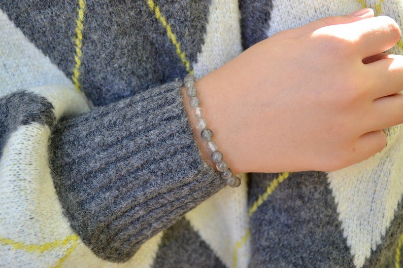 Grey Quartz Round 6mm Smooth beads adjustable stacking bracelet
