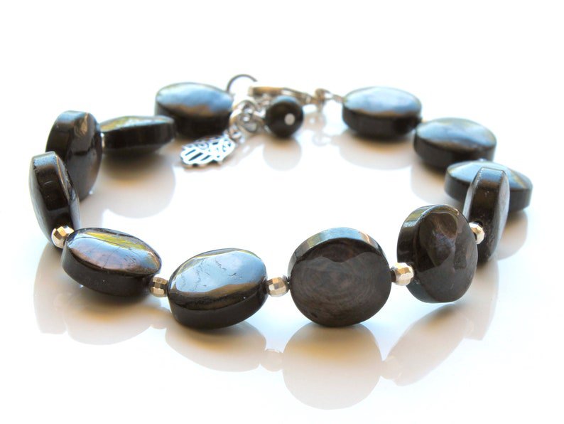 Hypersthene Coin 10mm Smooth beads adjustable stacking bracelet