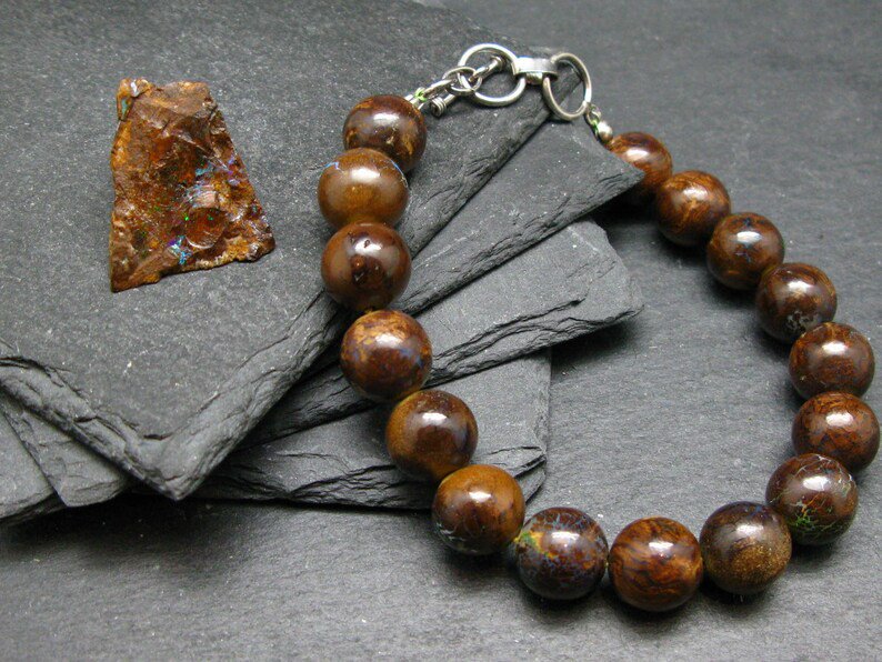 Boulder Opal Round 12mm Smooth beads adjustable stacking bracelet