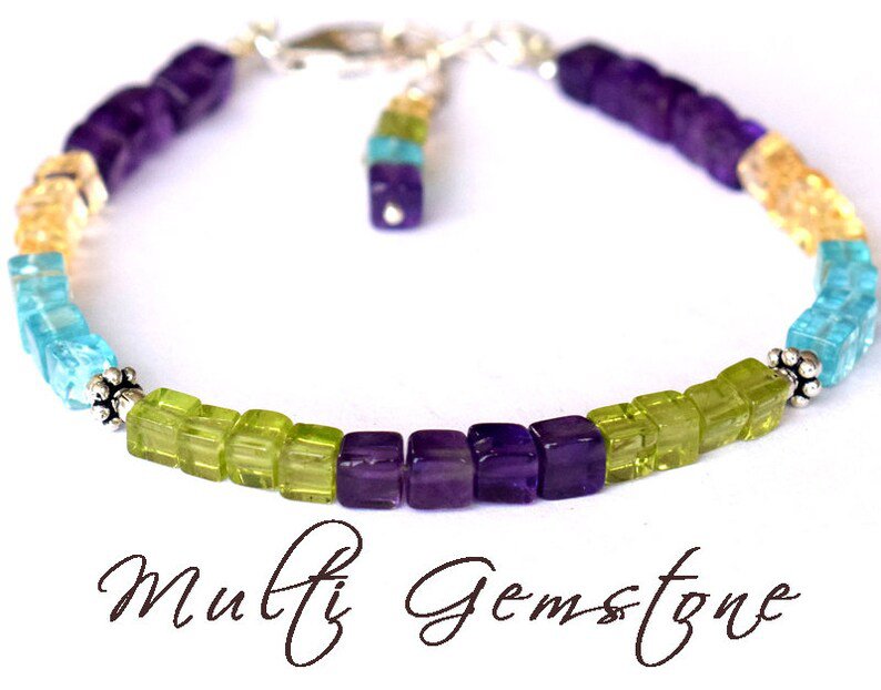 Multi Gemstone Cube 4x4mm Smooth beads adjustable stacking bracelet